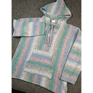 BAJA Hoodie Large Blue Pink Striped Hooded Pullover DrugRug Southwestern Surf‎